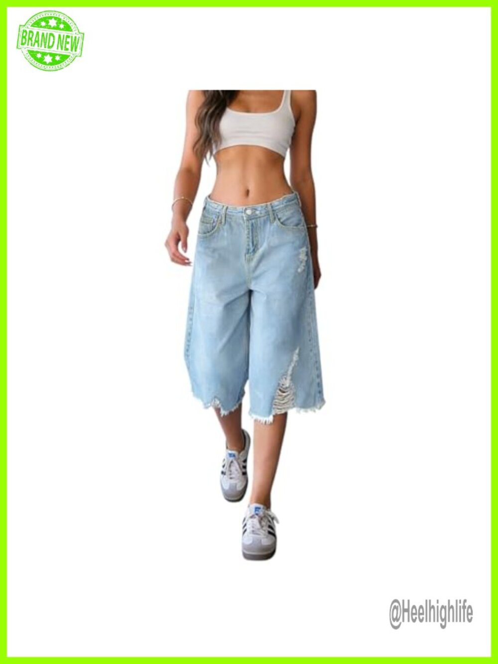 High Rise Baggy Wide Leg Denim Shorts with Ripped Raw Hem